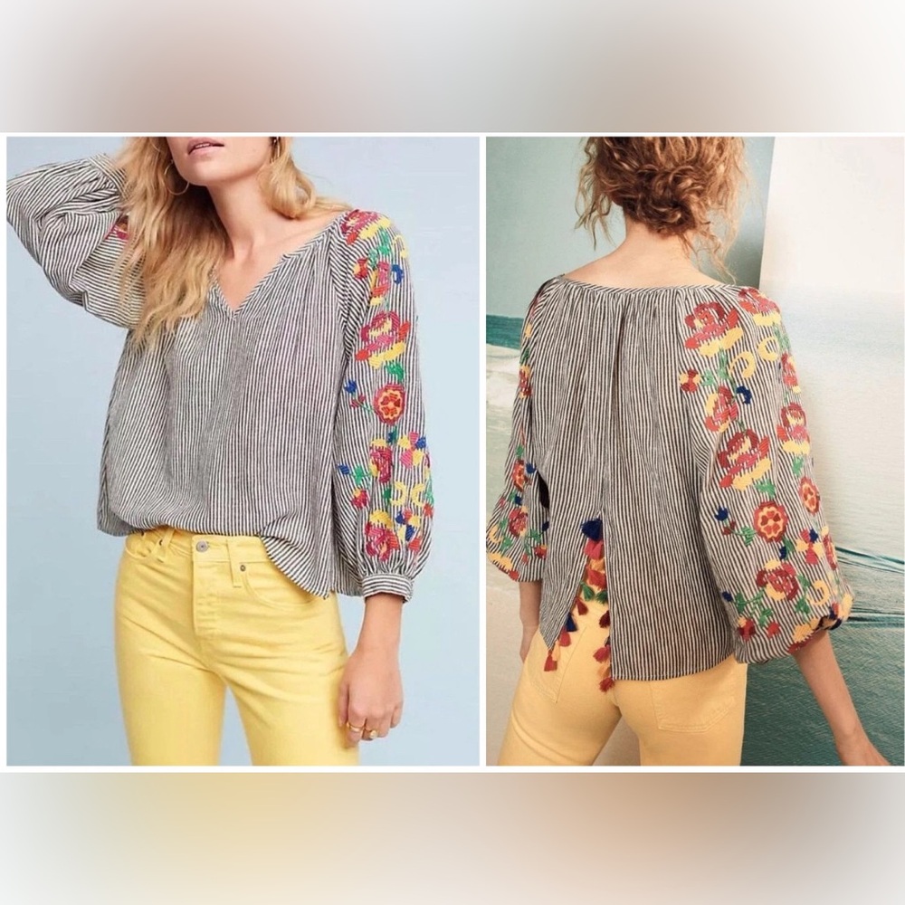 Floreat Soleil floral embroidered striped cotton peasant top w/ tassels Size XSP
